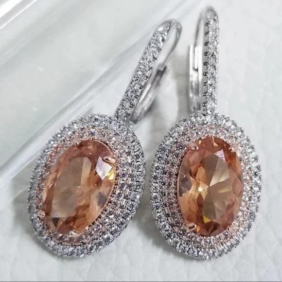 NEW SILVER OVAL DIAMOND MORGANITE HOOP EARRINGS, NICE EARRINGS, CUTE EARRINGS. - Picture 3 of 5